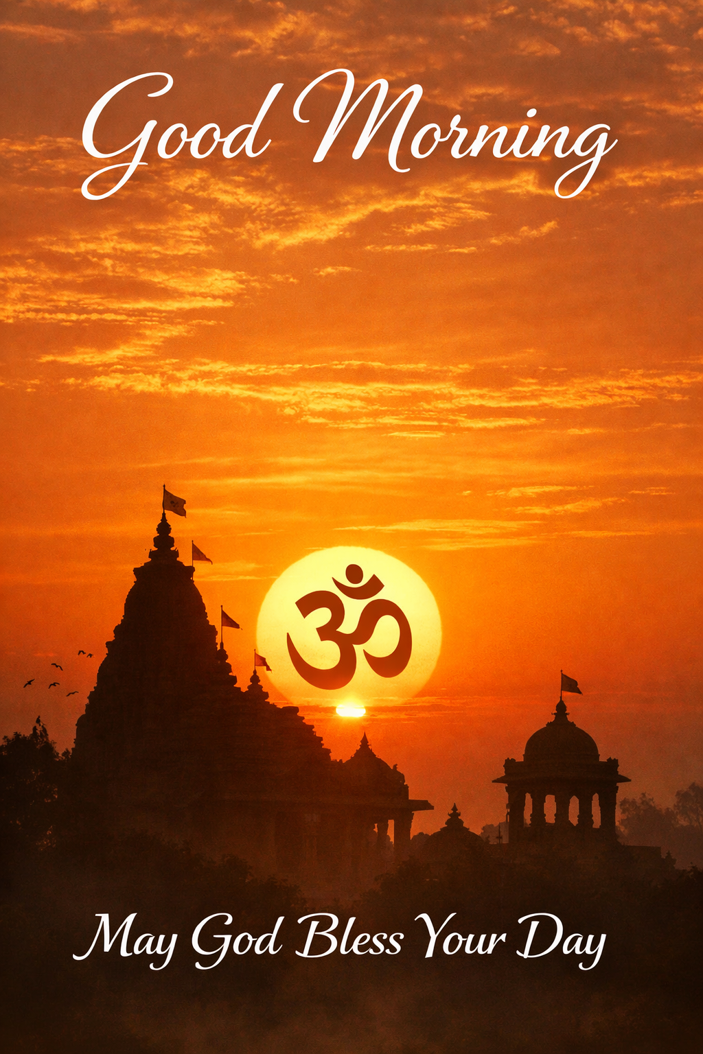 Good morning image Om symbol temple silhouette orange sunrise May God Bless Your Day